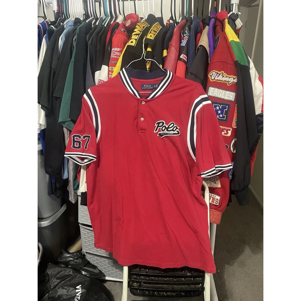 Size XL- VTG Polo by Ralph Lauren Spell Out Rugby Shirt Red